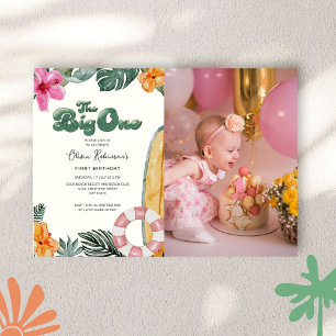 The Big One Luau Beach Surf 1st Birthday Photo Invitation