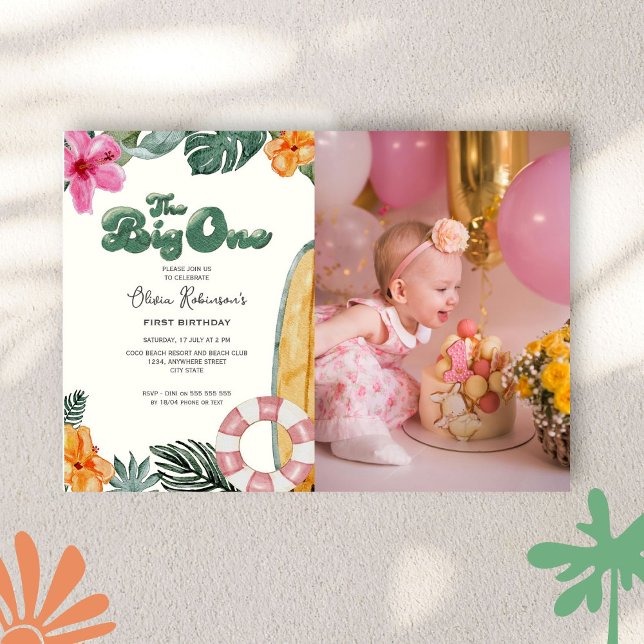 The Big One Luau Beach Surf 1st Birthday Photo Invitation (Creator Uploaded)
