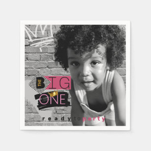 The BIG One  Pink 90's Hip Hop 1st Birthday Photo  Napkin