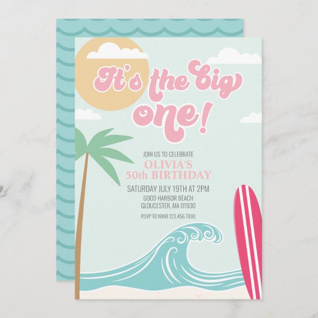 The Big One Pink Beach Birthday Invitation (Front/Back)