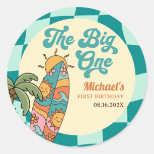 The Big One Retro Surf Board Summer 1st Birthday Classic Round Sticker
