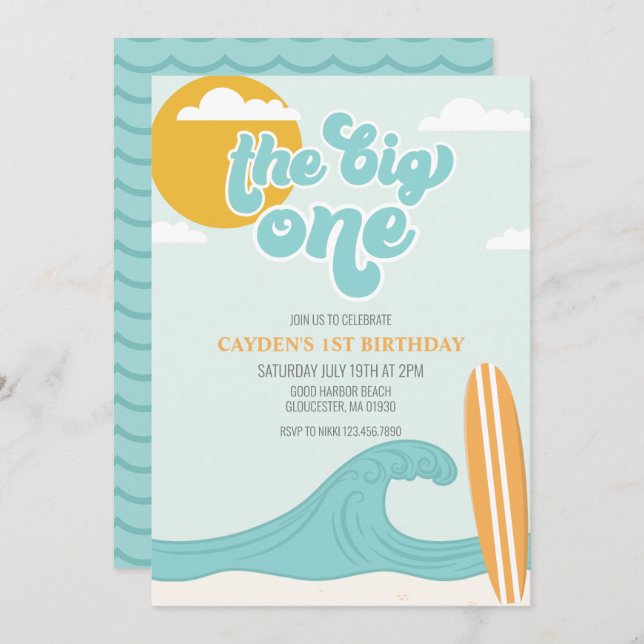 The Big One Surf Beach 1st Birthday Invitation (Front/Back)