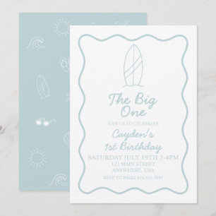 The Big One Surfboard and beach doodles Birthday Invitation