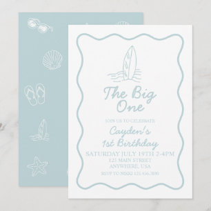 The Big One Surfboard and beach doodles Birthday Invitation