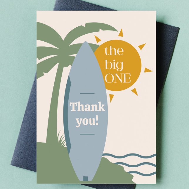 "The big ONE" Surfboard Ocean 1st Birthday Party Thank You Card ("the big one" surfboard first birthday party thank you note surfing 1st bday thanks card blue boy )