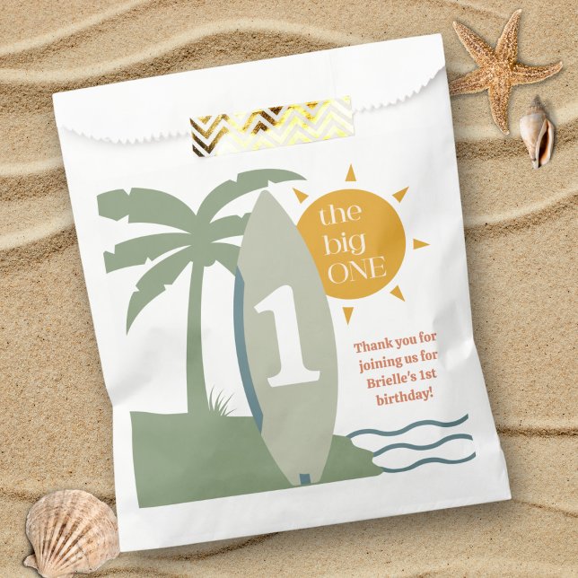 "The big ONE" Surfboard Ocean First Birthday Party Favour Bag (the big one Green surfboard first birthday party favor bag surfing theme ocean beach theme 1st bday)