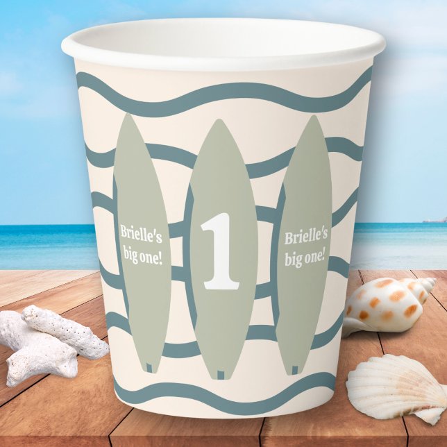 "The big ONE" surfboard ocean first birthday party Paper Cups ("the big one" Green surfboard first birthday party cup surfing theme ocean beach theme 1st bday)