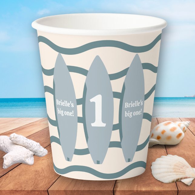 "The big ONE" surfboard ocean first birthday party Paper Cups ("the big one" blue surfboard first birthday party cup surfing theme ocean beach theme 1st bday)
