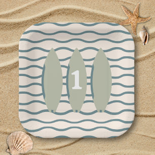 "The big ONE" surfboard ocean first birthday party Paper Plate