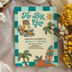 The Big One Surfer Cat Checkered 1st Birthday Invitation