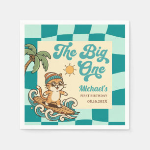 The Big One Surfer Cat Retro Summer 1st Birthday  Napkin