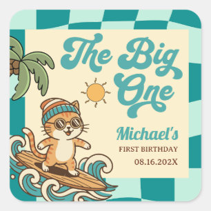 The Big One Surfer Cat Retro Summer 1st Birthday Square Sticker