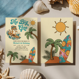 The Big One Surfer Cat Summer 1st Birthday Party Invitation
