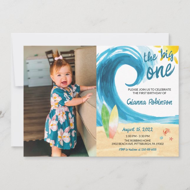 The Big One Surfer First Birthday Invitation (Front)