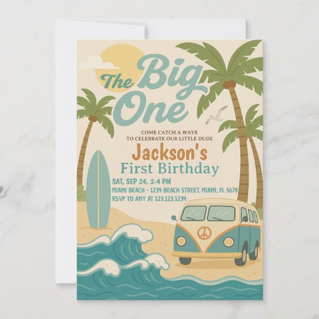 The Big One Surfing 1st Birthday Invite for Boys (Front)