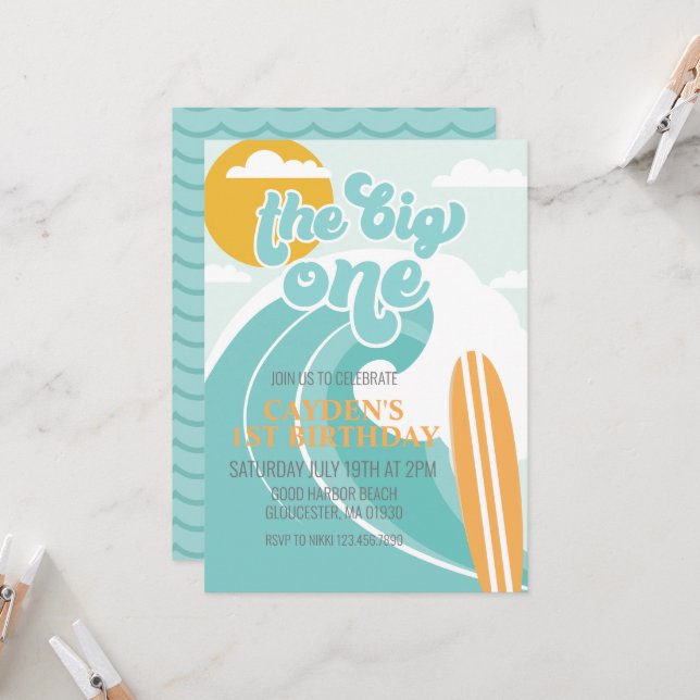 The Big One Wave Beach Birthday Invitation (Front/Back In Situ)