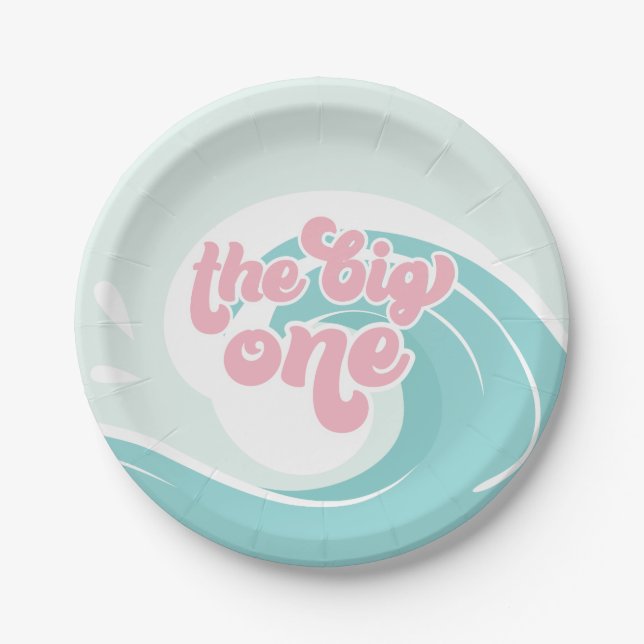 The Big One Wave Pink Beach Birthday Paper Plates (Front)