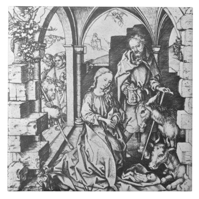 The Birth of Jesus (by Martin Schongauer) Ceramic Tile (Front)