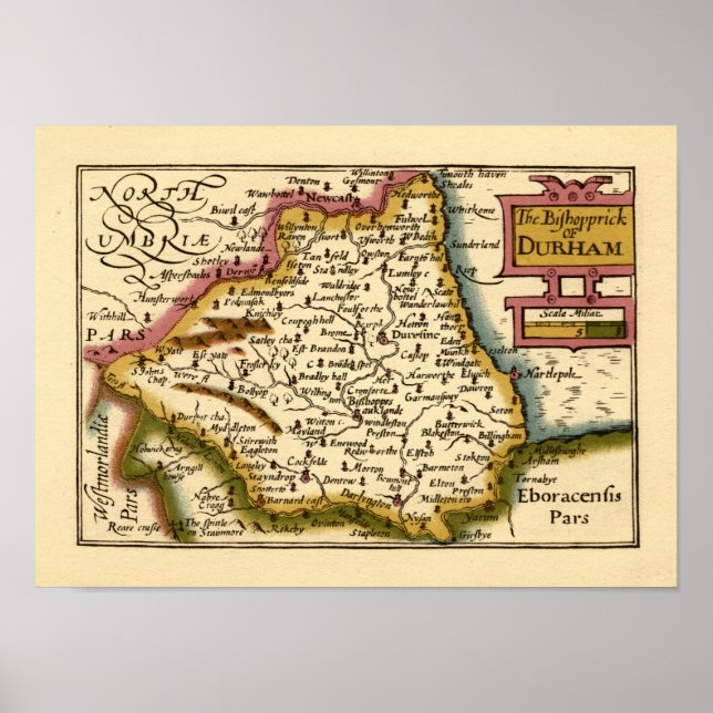 The Bishopprick of Durham County Map, England Poster (Front)