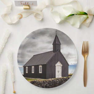 The Black Church Of Budir, Iceland Paper Plate