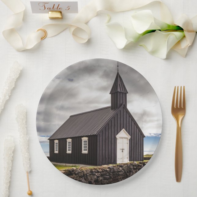 The Black Church Of Budir, Iceland Paper Plate (Wedding)