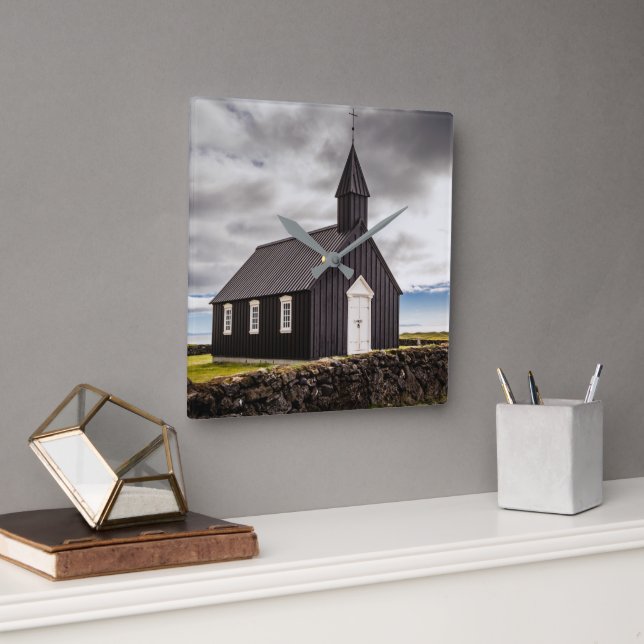 The Black Church Of Budir, Iceland Square Wall Clock (Office)