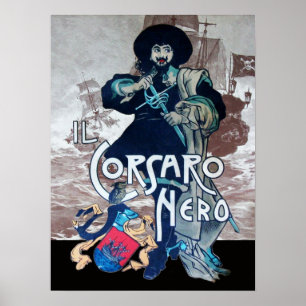 THE BLACK CORSAIR /Pirate Ship Battle In Sepia Poster