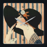 “The Black Hat” Art Deco by George Barbier Square Wall Clock<br><div class="desc">George Barbier was one of the preeminent fashion illustrators of the early twentieth century in the forefront of the alliance between art and fashion. He and and his fellow illustrators created bold,  stylised images that conveyed mood and atmosphere.  This illustration is “The Black Hat” for La Parisienne magazine.</div>