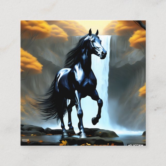 The black horse stood near the waterfall, his coat square business card (Front)