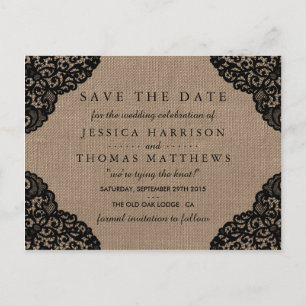 The Black Lace On Rustic Burlap Wedding Collection Announcement Postcard