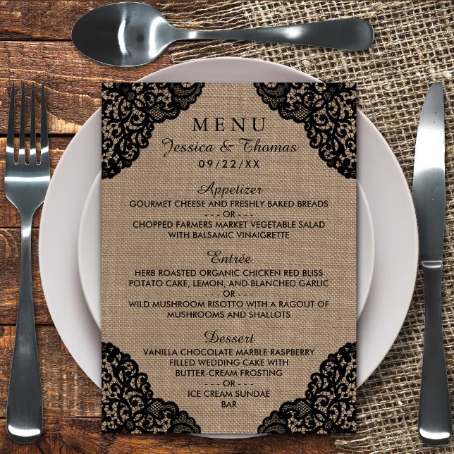 The Black Lace On Rustic Burlap Wedding Collection Menu (Creator Uploaded)