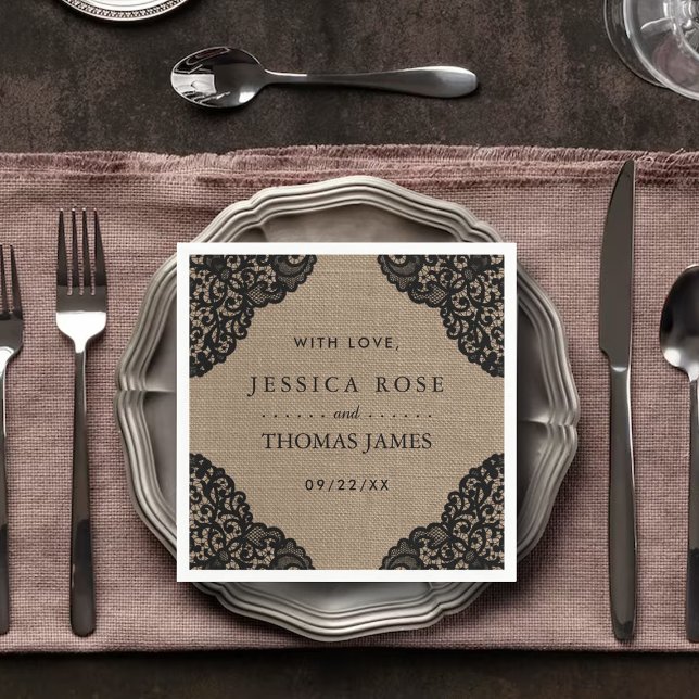 The Black Lace On Rustic Burlap Wedding Collection Napkin (Creator Uploaded)
