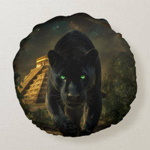The Black Puma and the Green Macaw Round Cushion