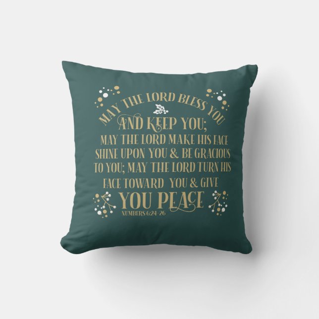 The Blessing Numbers 6:24-26 Gold Green  Christmas Cushion (Front)