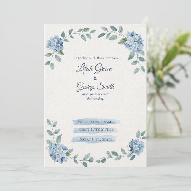 The Blue Bloom Dusty Hydrangea Wedding Invitation  (Standing Front)