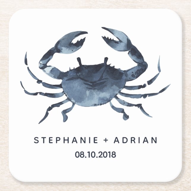 The Blue Crab | Customised Wedding Square Paper Coaster (Front)