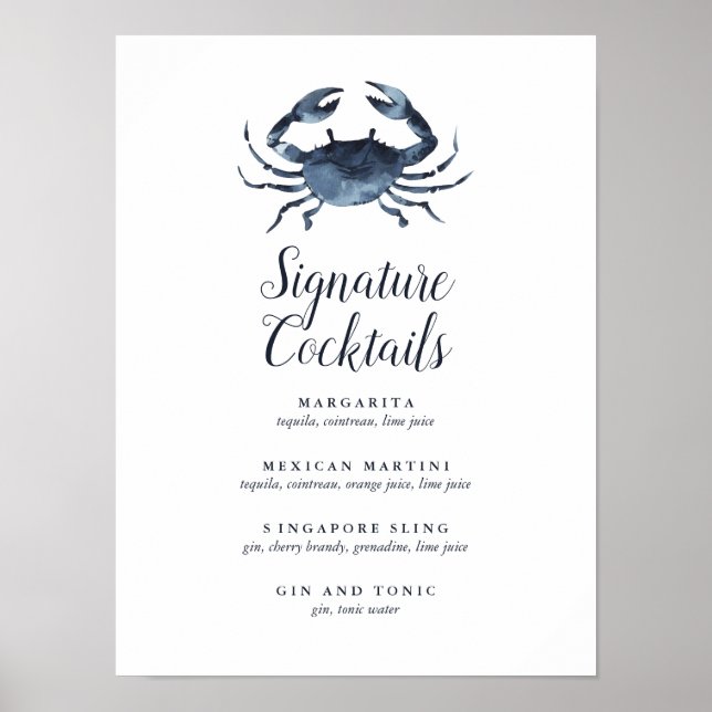 The Blue Crab | Signature Cocktail Menu Sign (Front)