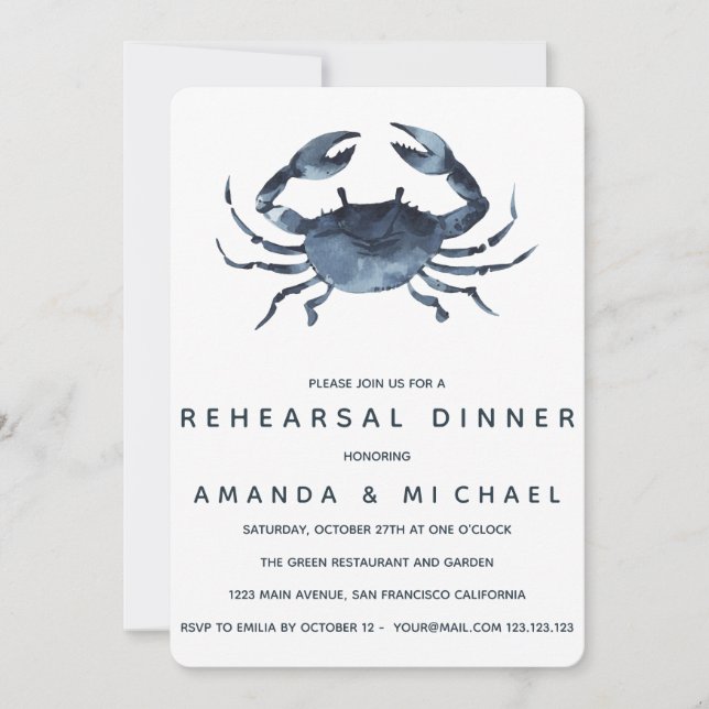 The Blue Crab Wedding Rehearsal Dinner Invitation (Front)