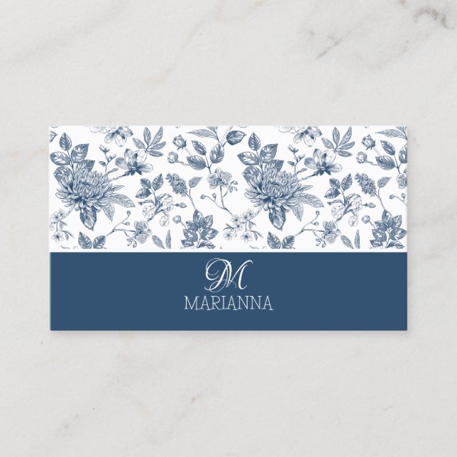 The Blue Floral Pattern & Name Business Card (Front)