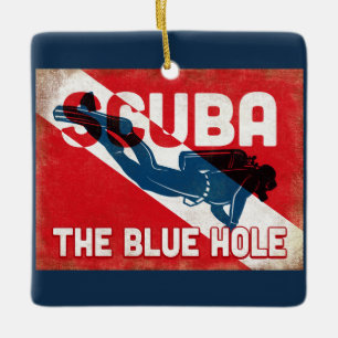 The Blue Hole Scuba Diver - Blue Retro Ceramic Ornament