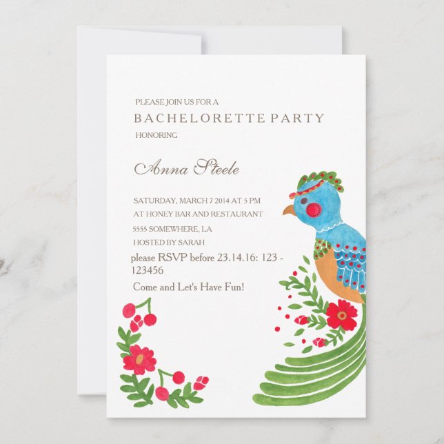 The Blue Quetzal Bachelorette Party Invitation (Front)