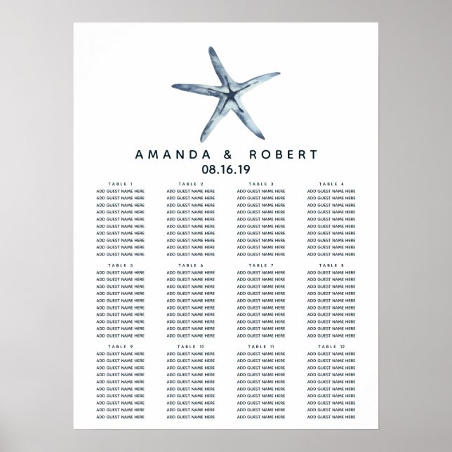 The Blue Starfish | Nautical Wedding Seating Chart (Front)