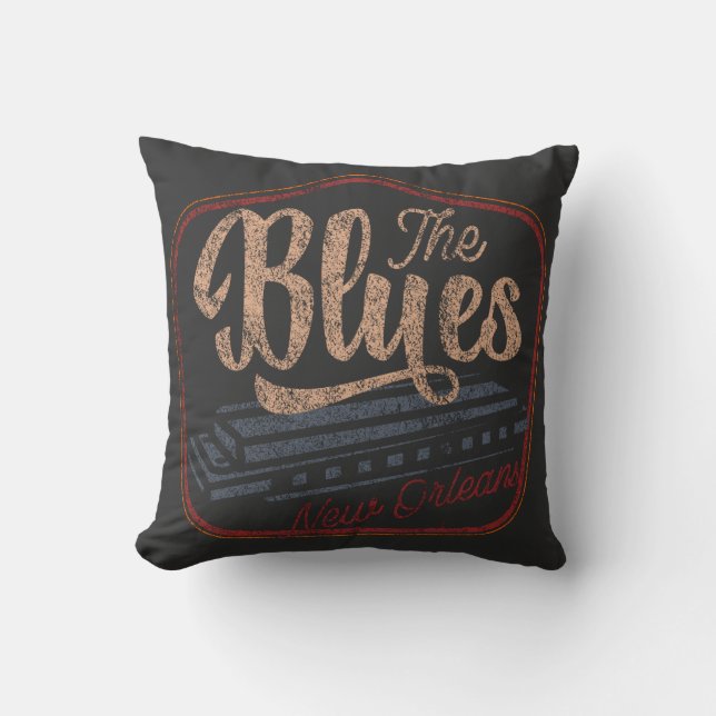 The Blues new Orleans harmonica distressed T-Shirt Cushion (Front)