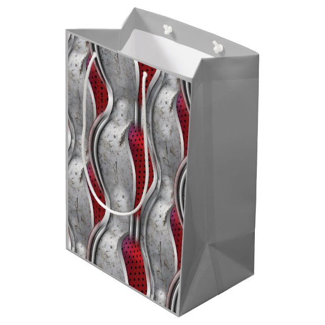 The Bold Metallic 3D Red Grey Texture look Medium Gift Bag (Back Angled)