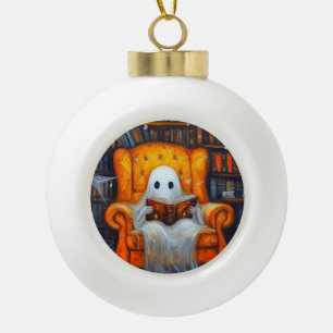 The Bookish Ghost Cosy Halloween Library Scene Ceramic Ball Christmas Ornament