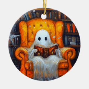 The Bookish Ghost Cosy Halloween Library Scene Ceramic Ornament