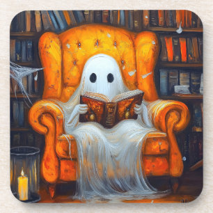 The Bookish Ghost Cosy Halloween Library Scene Coaster