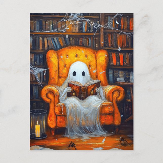The Bookish Ghost | Cosy Halloween Library Scene Postcard (Front)