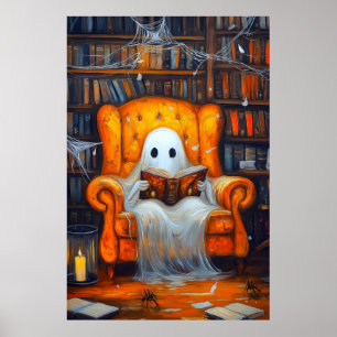 The Bookish Ghost   Cosy Halloween Library Scene Poster