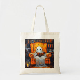 The Bookish Ghost Cosy Halloween Library Scene Tote Bag